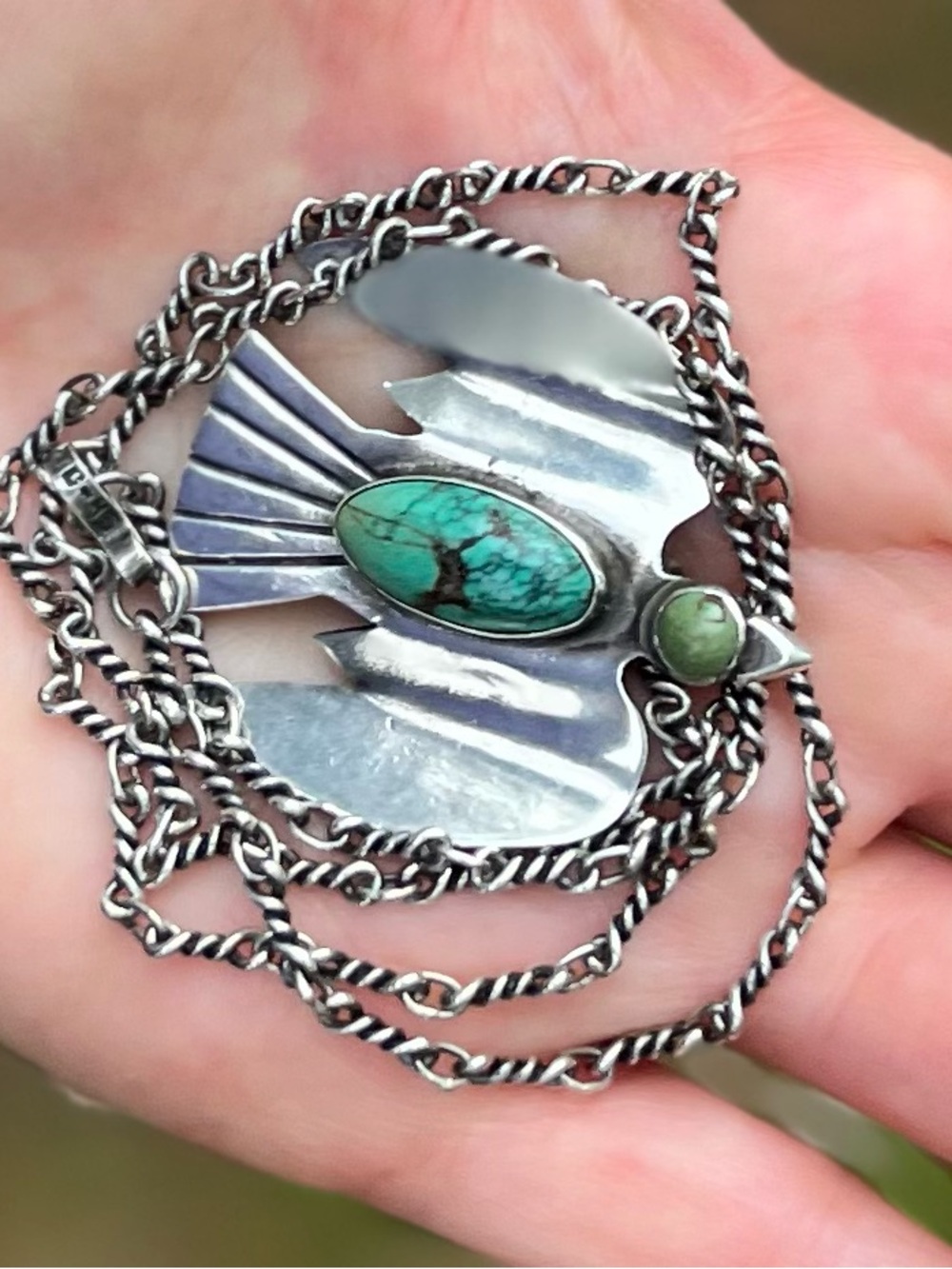 Sterling Silver Turquoise Bird Pendant Necklace - Vintage Mexico Golden Age